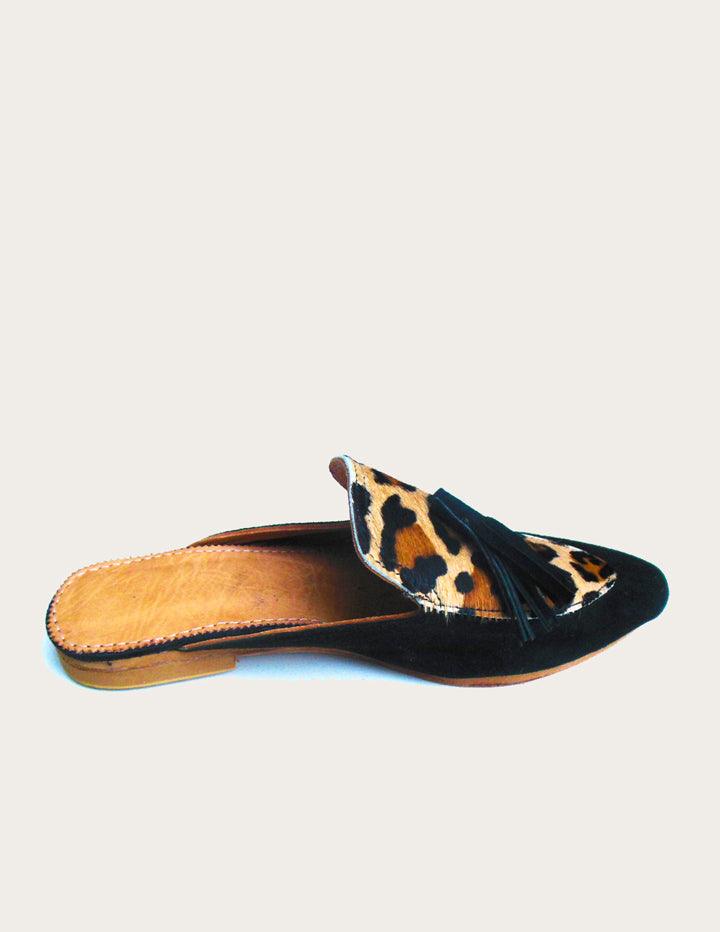 Women's Leopard Designer Slip on Mules in Black - Slow Chic Fashion