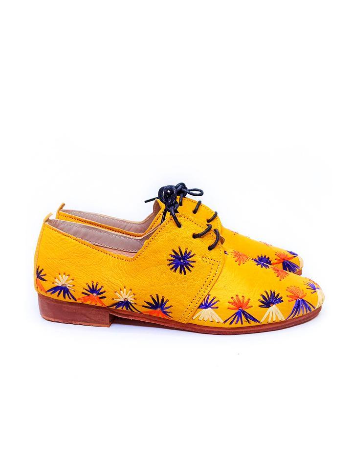 Yellow Handmade Flat Leather Derby Shoe - Slow Chic Fashion