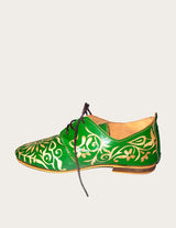 Green leather oxford shoe hand-painted