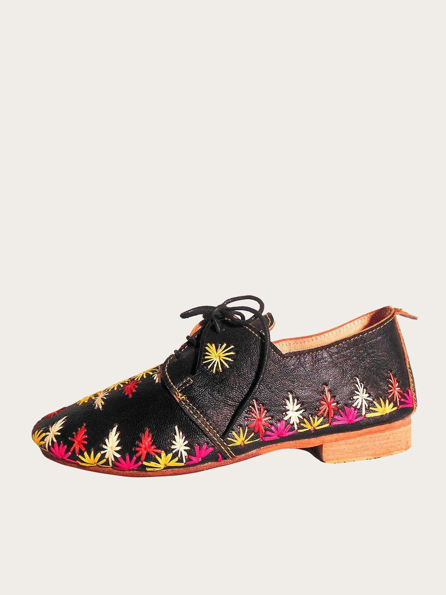 Custom Black Leather Derby Shoe Styled with Raffia Stars - Slow Chic Fashion