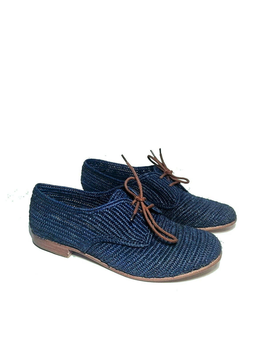 Blue Handwoven Raffia Derby Shoes, Handcrafted Raffia Oxfords. - Vintage Kernel
