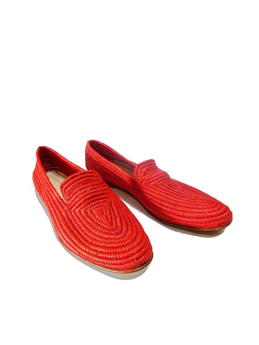 Red Handwoven Raffia Moccasin in Blue. - Vintage Kernel