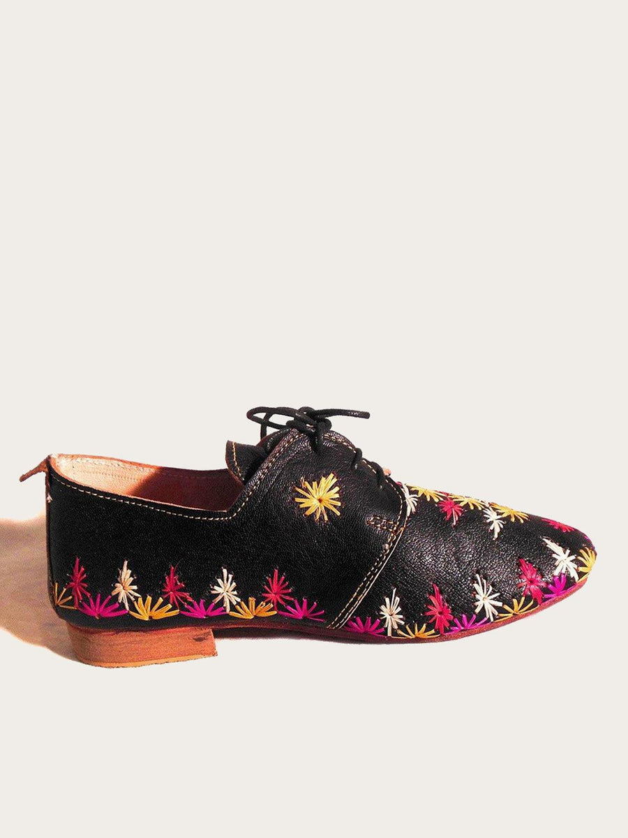 Custom Black Leather Derby Shoe Styled with Raffia Stars - Slow Chic Fashion