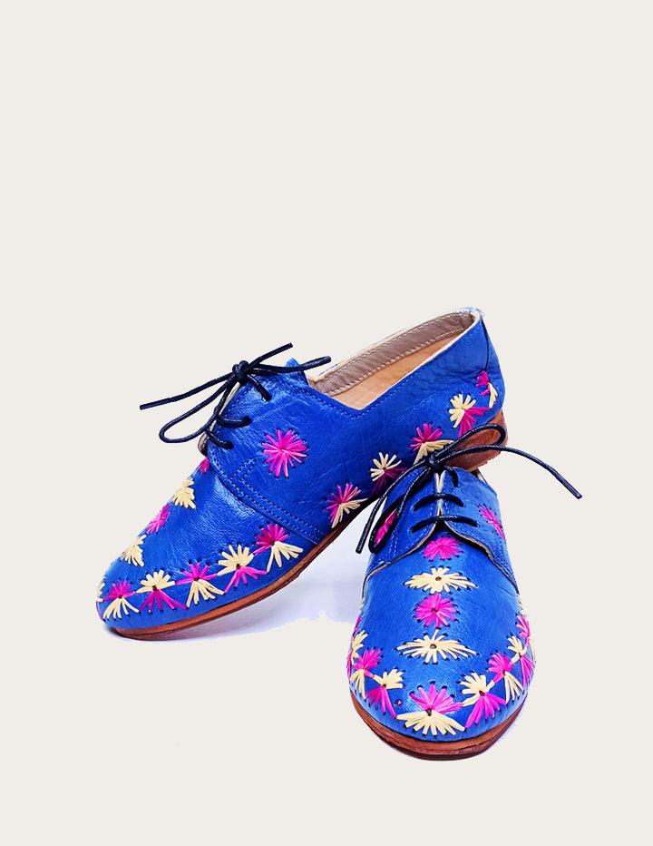 Blue Leather Derby Shoe Styled with Raffia Stars - Slow Chic Fashion