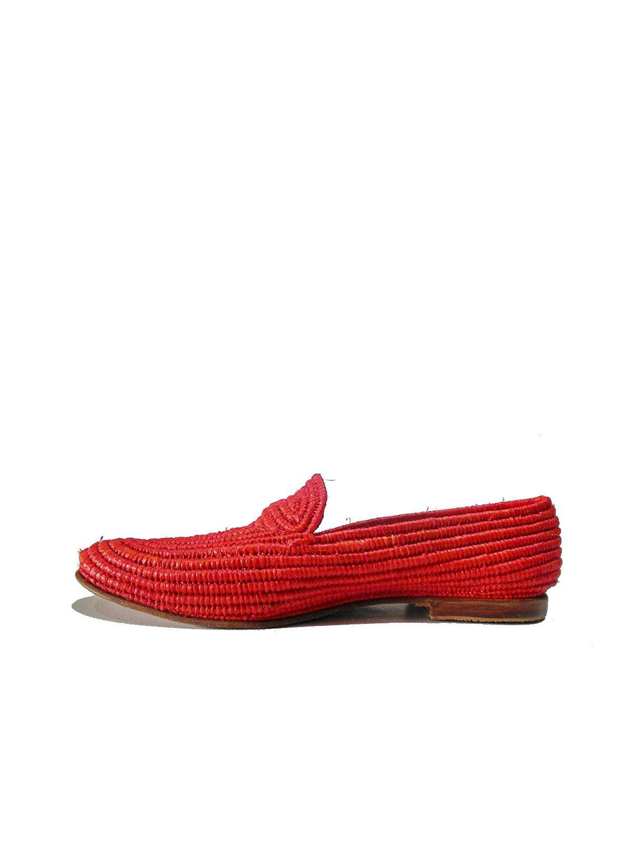 Red Handwoven Raffia Moccasin in Blue. - Vintage Kernel