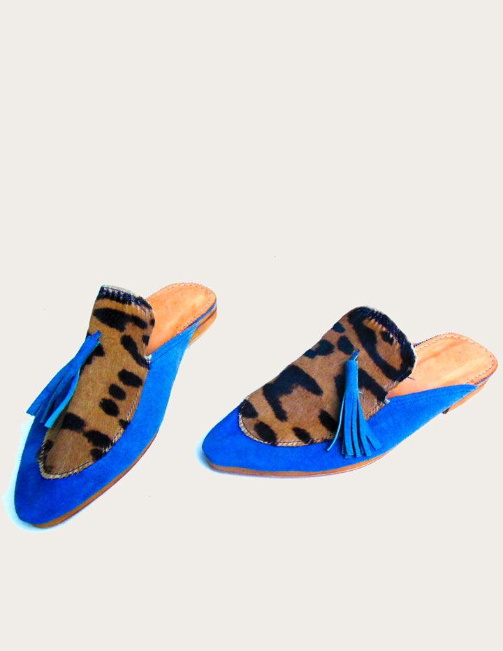 Women's Leopard Designer Slip on Mules in Blue - Slow Chic Fashion