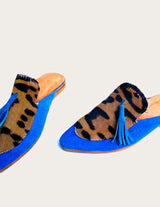 Blue leather mule leopard pattern